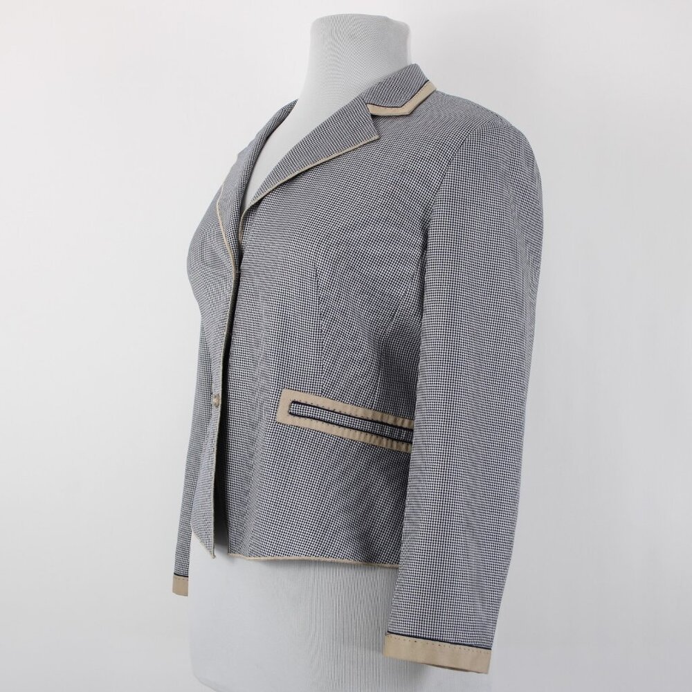 Carlisle Sz 16 Navy Blue White Brown Faux Pockets Lined Silk Wool Cotton Jacket - Picture 3 of 12